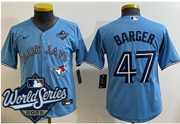 Men Toronto Blue Jays #47 Addison Barger Light Blue 2025 World Series Cool Base Jersey